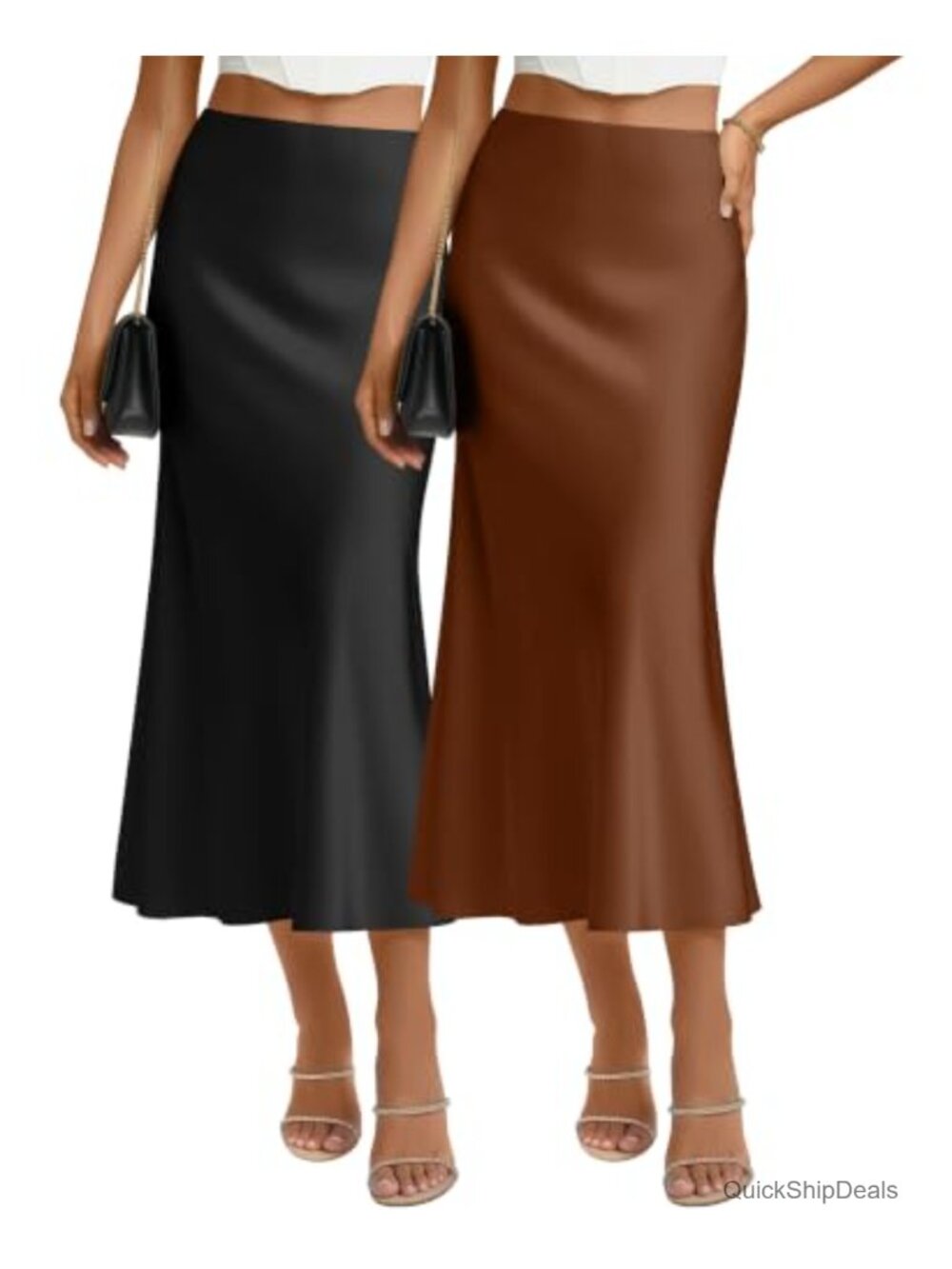 2 Pack Women's High Waist Satin Flowy Midi Skirts
